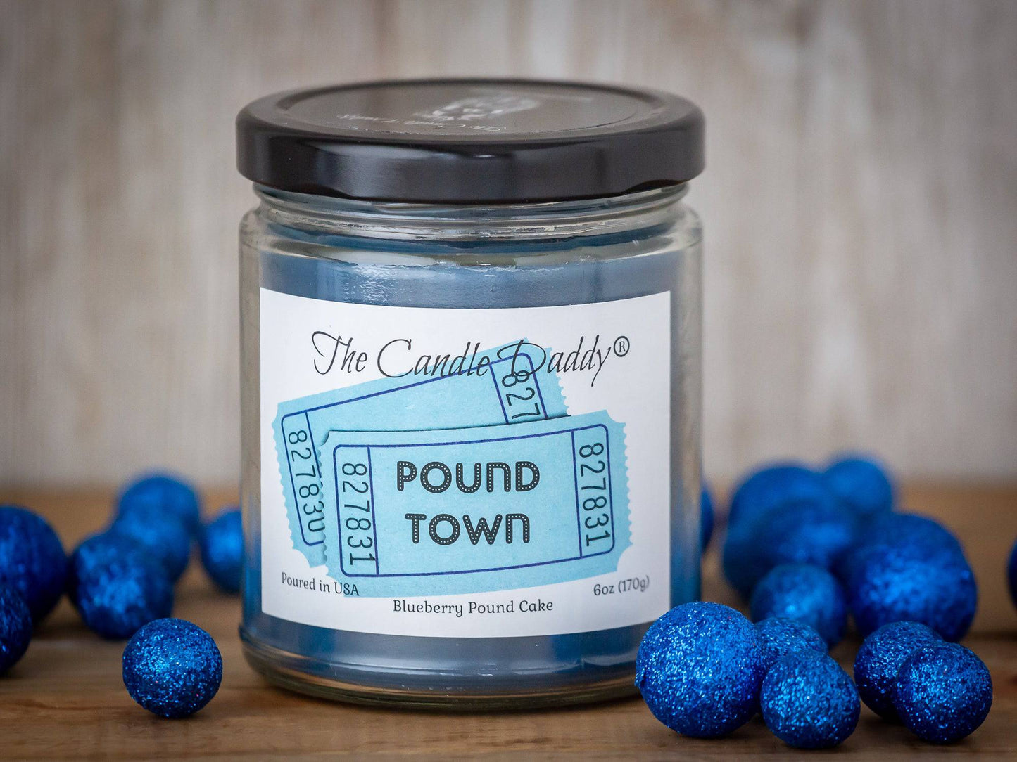 POUND TOWN - BLUEBERRY POUND CAKE SCENTED - FUNNY 6 OZ JAR CANDLE- 40 HOUR BURN TIME
