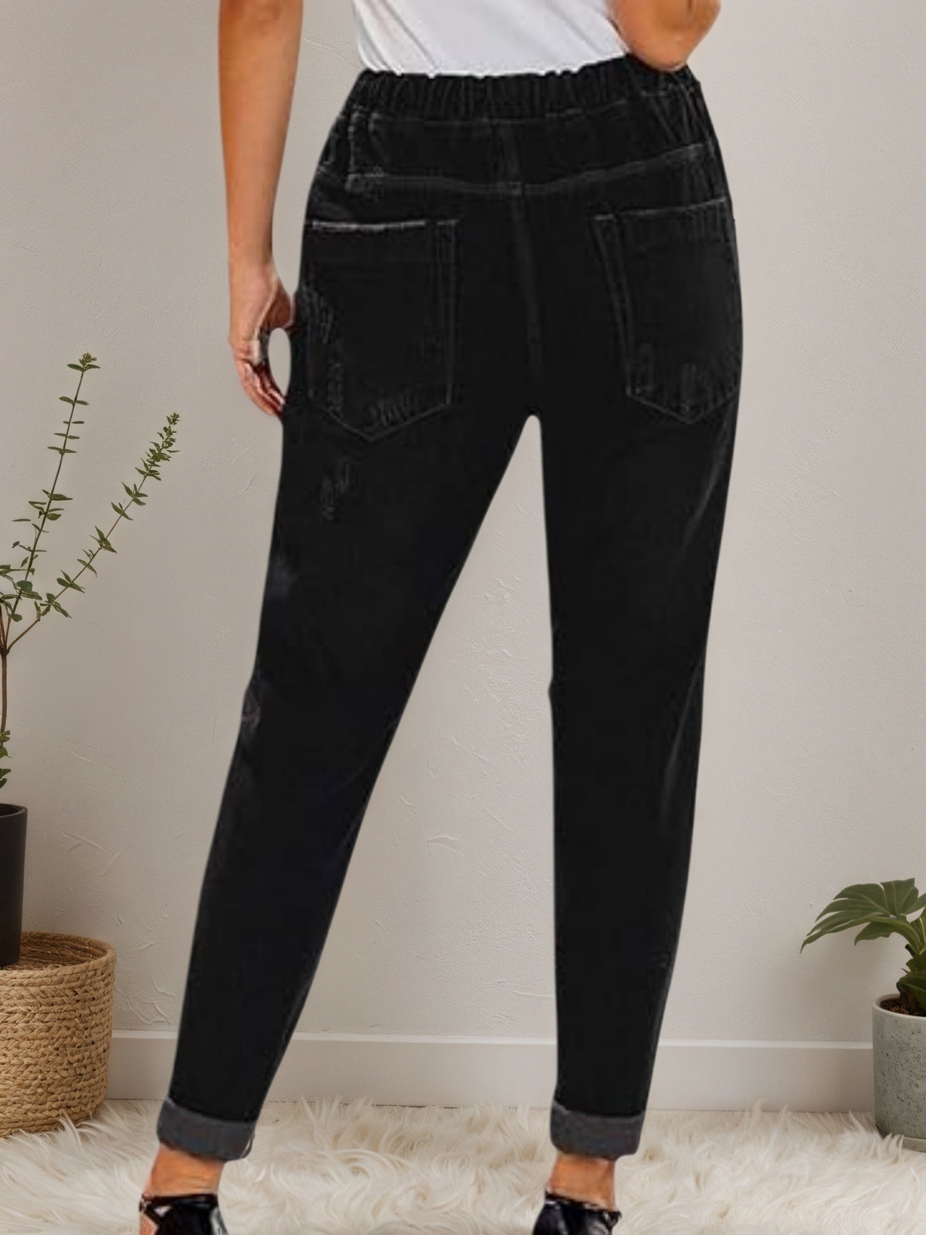 Women’s Distressed Stretch Jeans – Casual Elastic Waist Denim Joggers