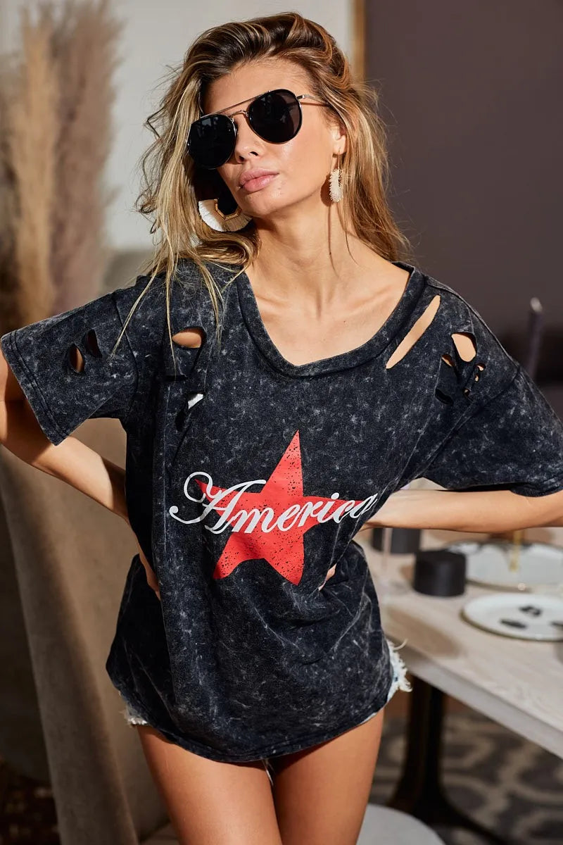 BiBi Laser Cut Mineral Washed Jersey Top with America in Black