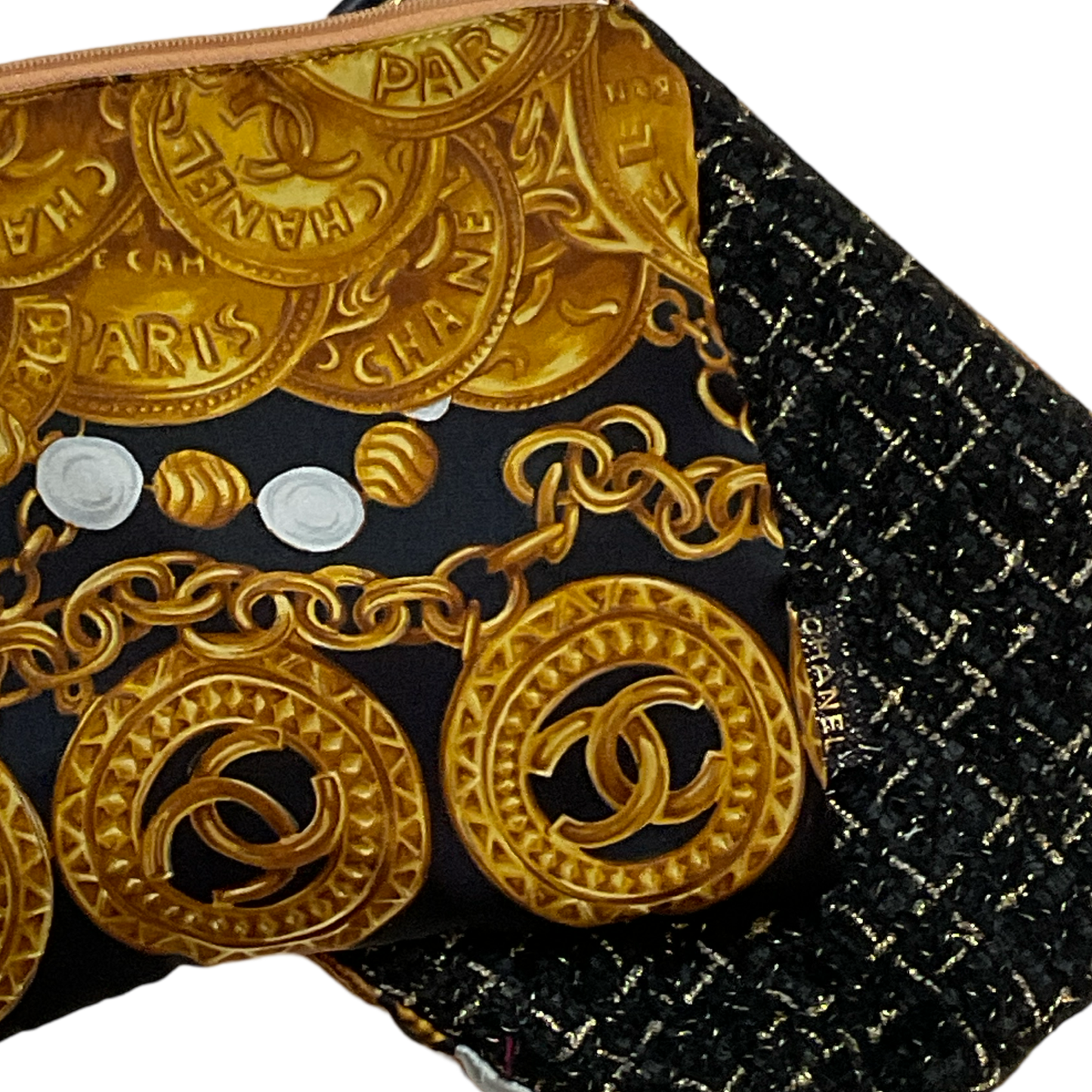 CC Logo Gold Coins Noir Vintage Silk Scarf All-Around Bag