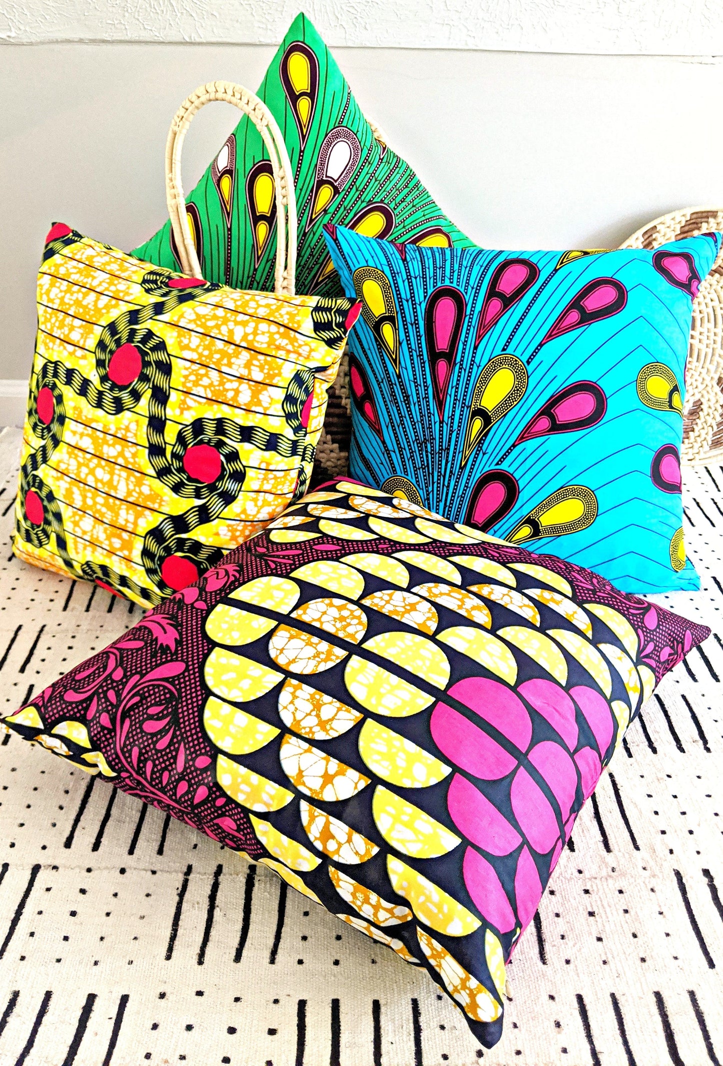 African Print Fabric Pillow Cover -Fuchsia Black Yellow