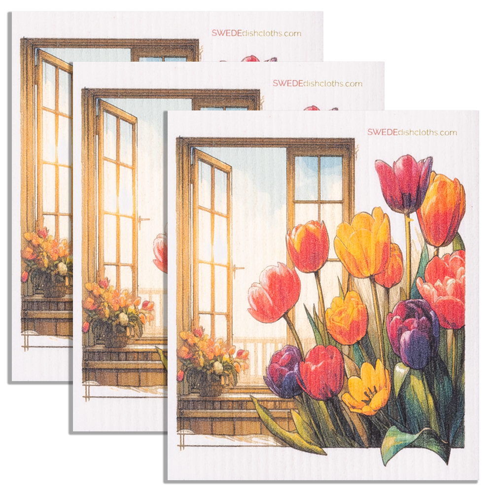 Eco-Friendly Swedish Dishcloths - Tulips Window Set of 3 (Paper Towel Replacements) - Concordia Style Boutique