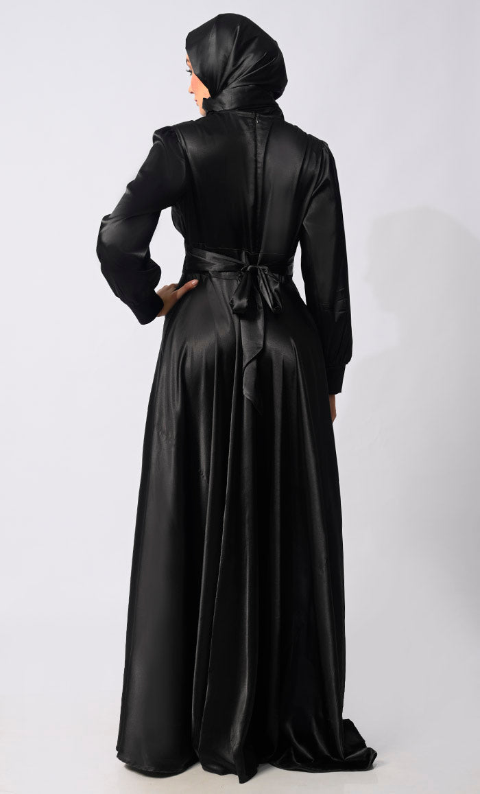Black Satin Flared Abaya with decorative buttons