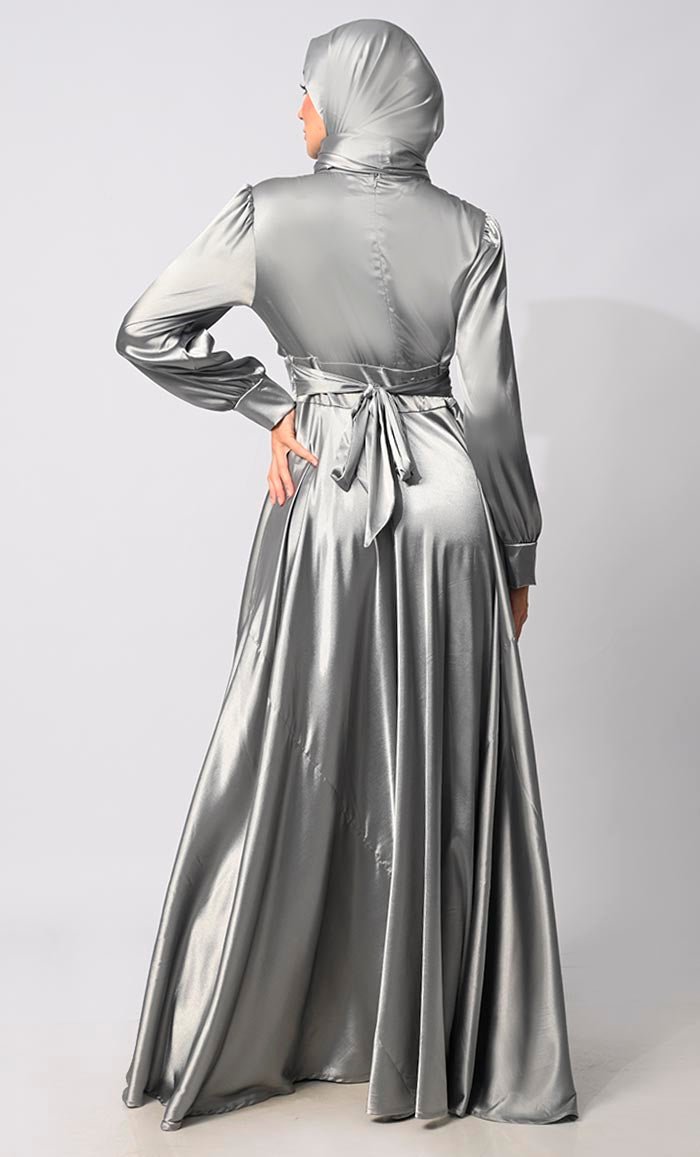 Contemporary Couture: Grey Satin Flared Abaya