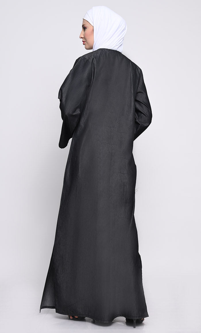 Contemporary Denim Abaya with Side Slits and Button Opening