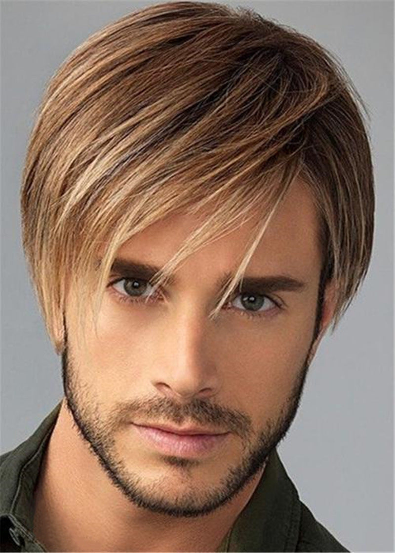 Men's Short Straight Hair Golden Brown Side Bangs Wig - Concordia Style Boutique