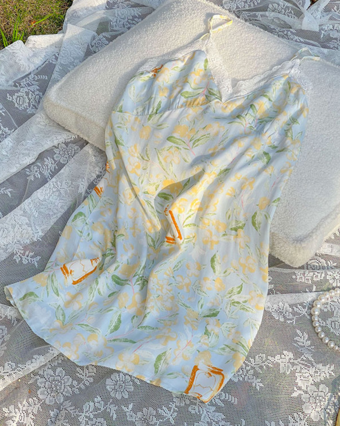 Fresh Floral Nightgown Pajama Dress / White