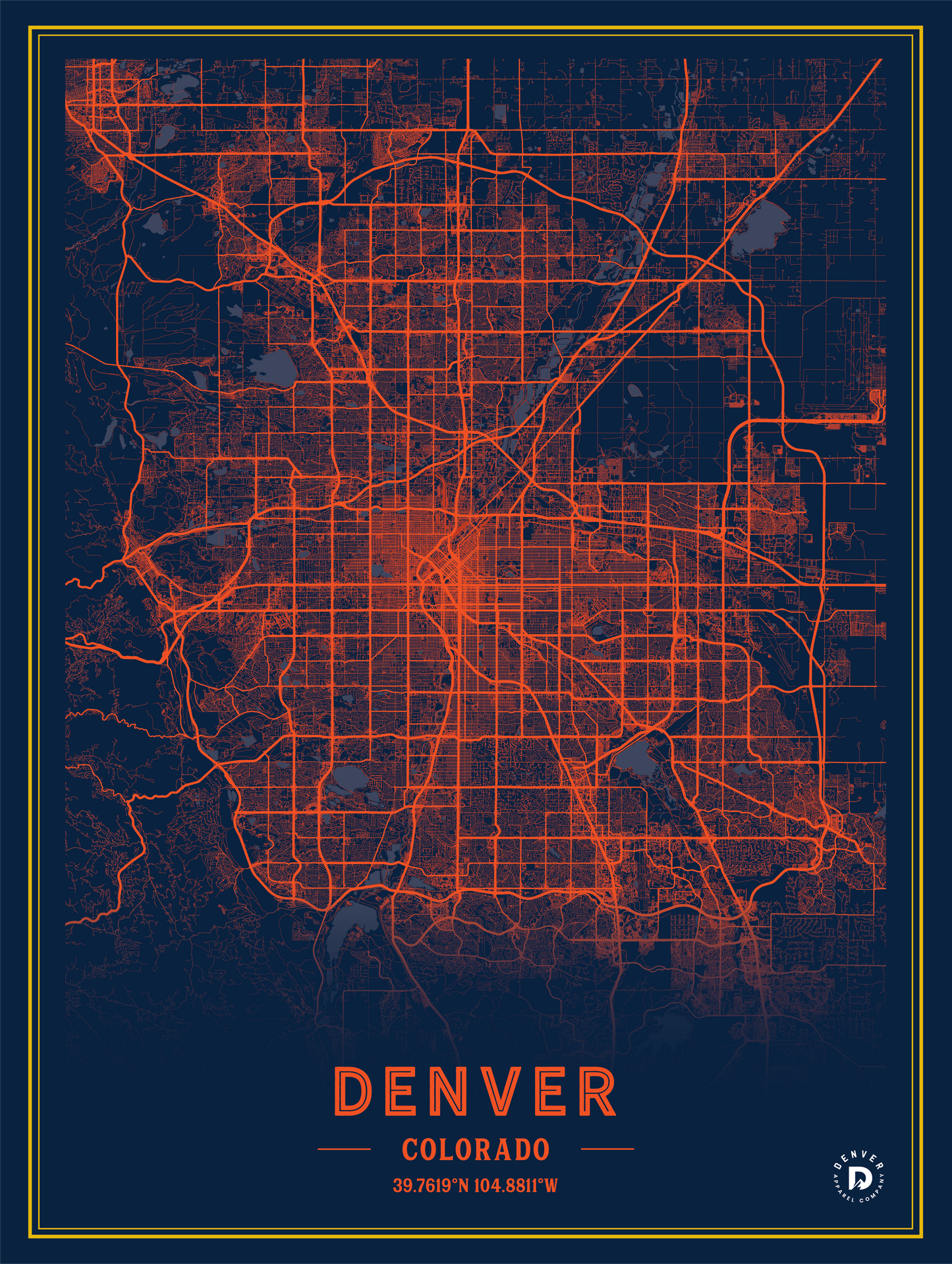 Denver City Map Poster - Blue & Orange