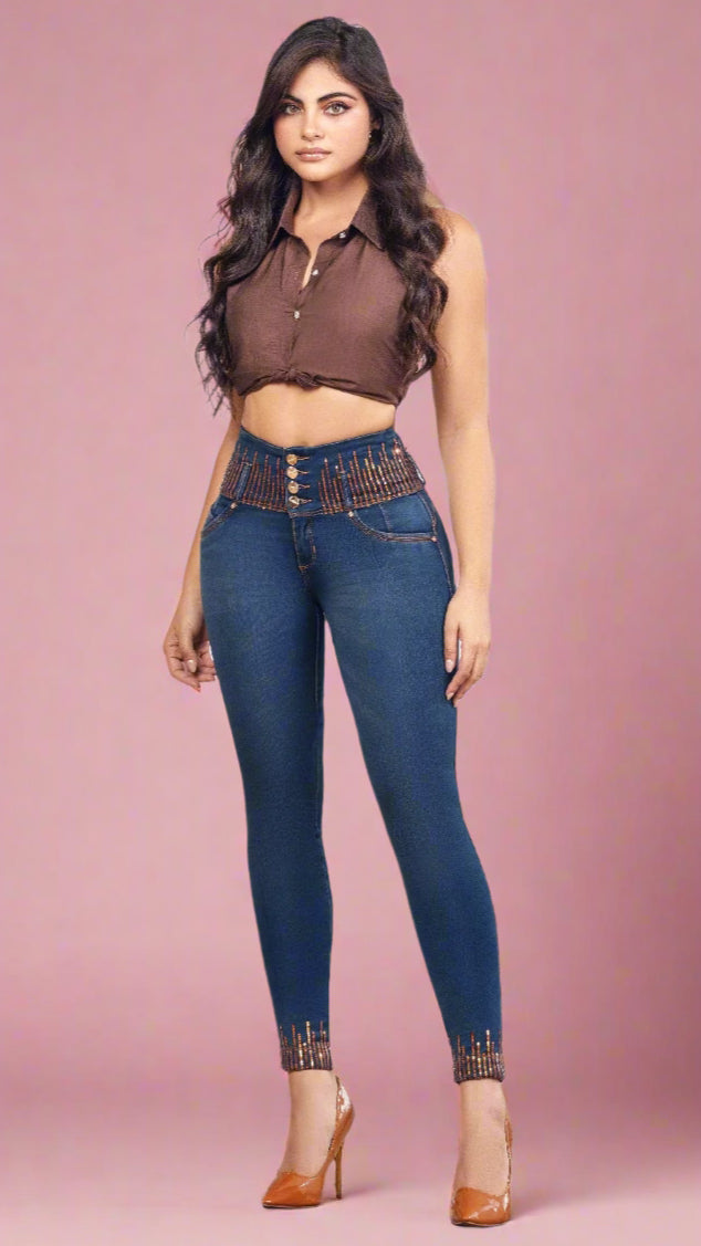 Julieth 100% Authentic Colombian Push Up Jeans copper-toned sequins