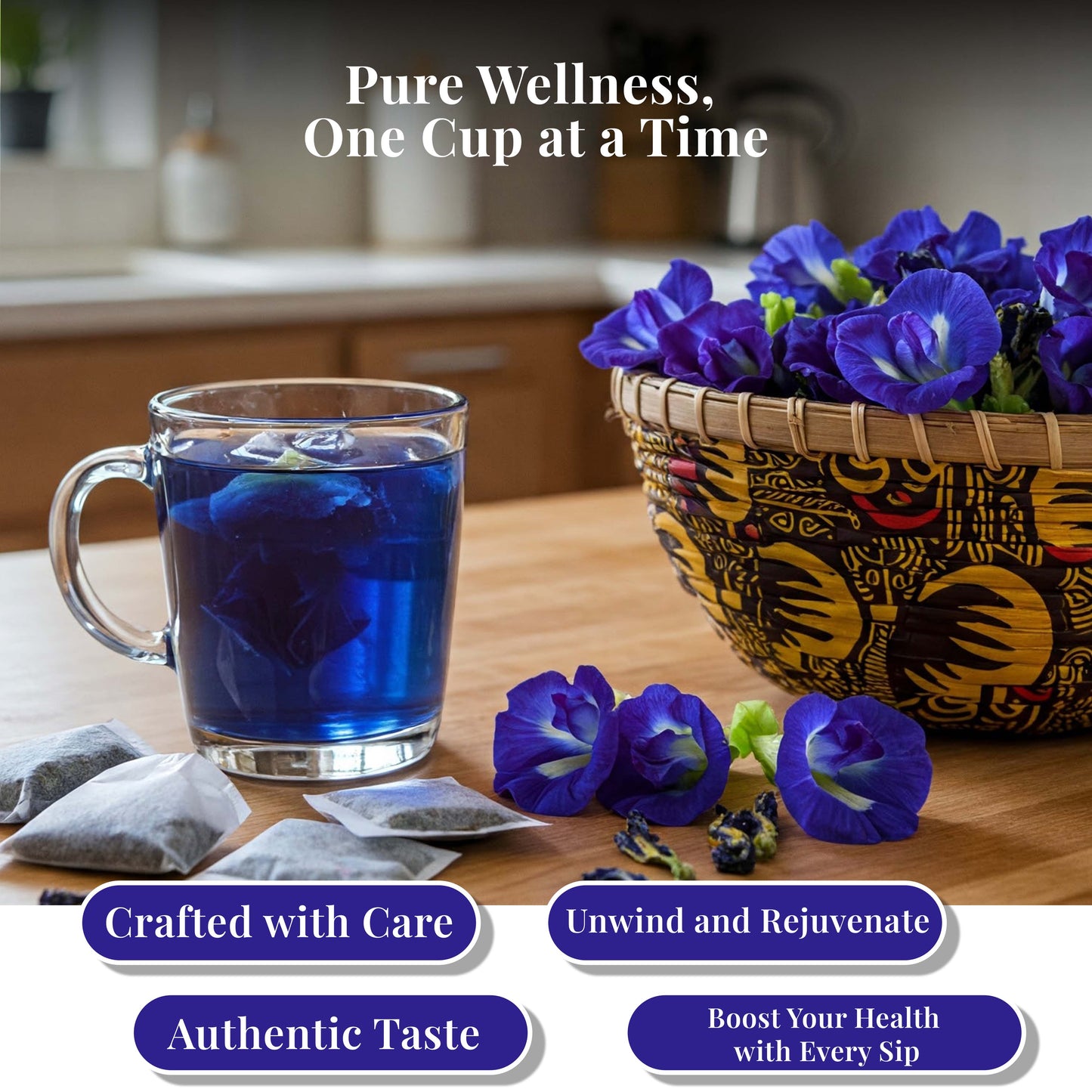 Akshit Butterfly Pea Flower ( Blue Tea ) - 75 Tea Bags, Natural Dried Butterfly Pea Flowers, Caffeine-Free, NON-GMO