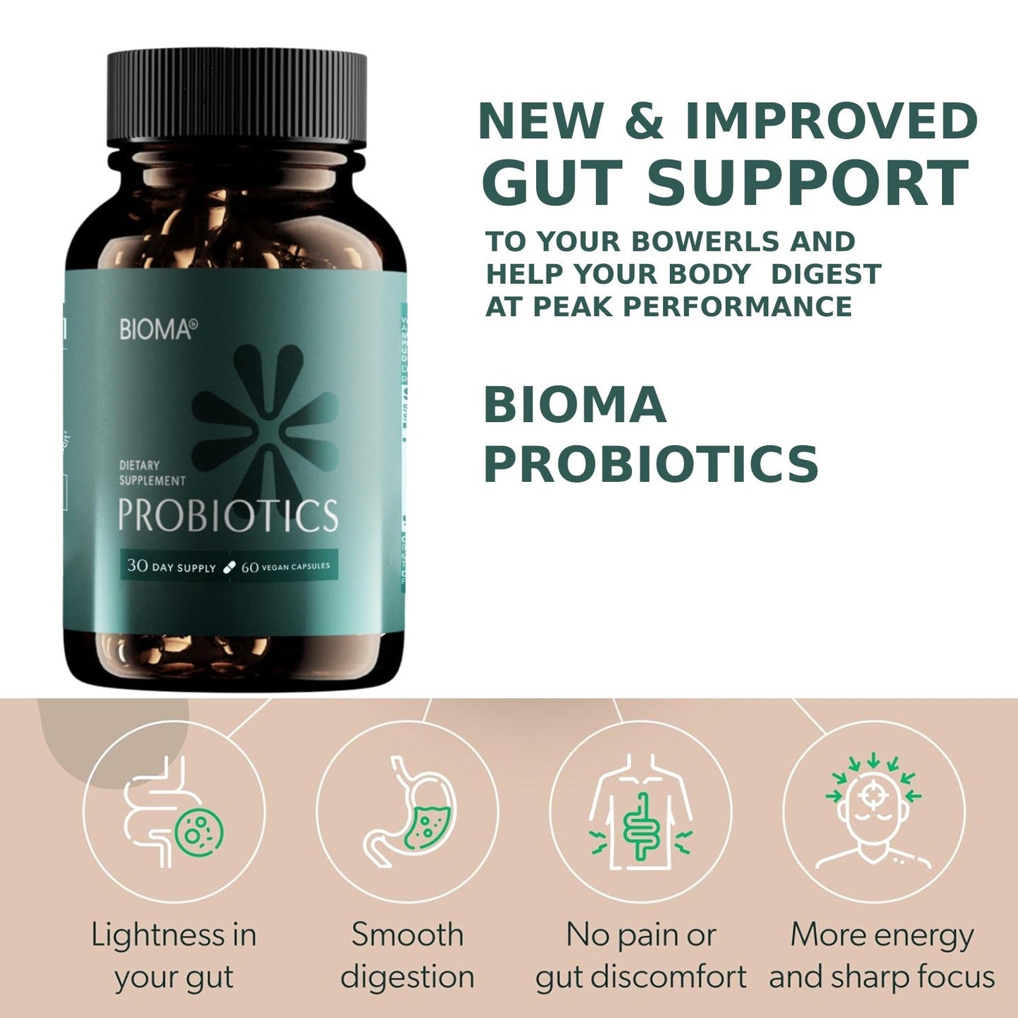 BIOMA Probiotic Gut Support - Vegan, Gluten Free, 60 Caps