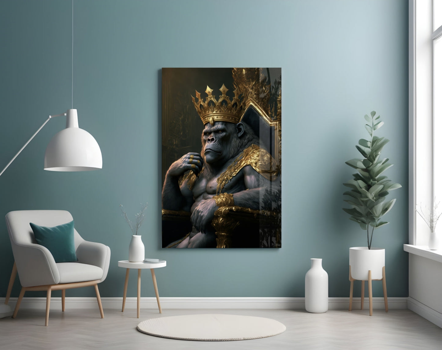 Ape King in Throne Glass Wall Art || Designer Collection