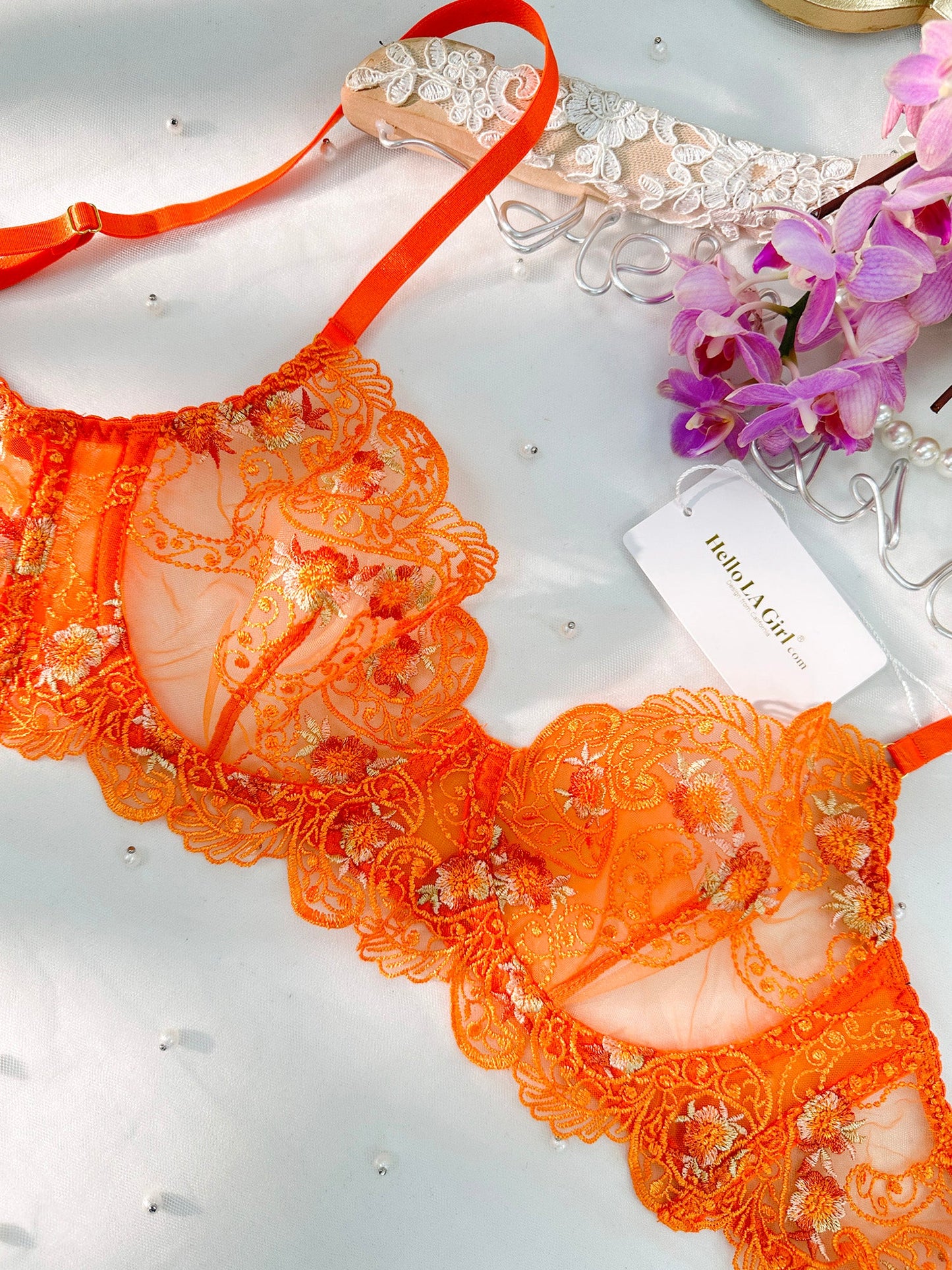 Orange Floral Embroidery Lingerie Set - Concordia Style Boutique
