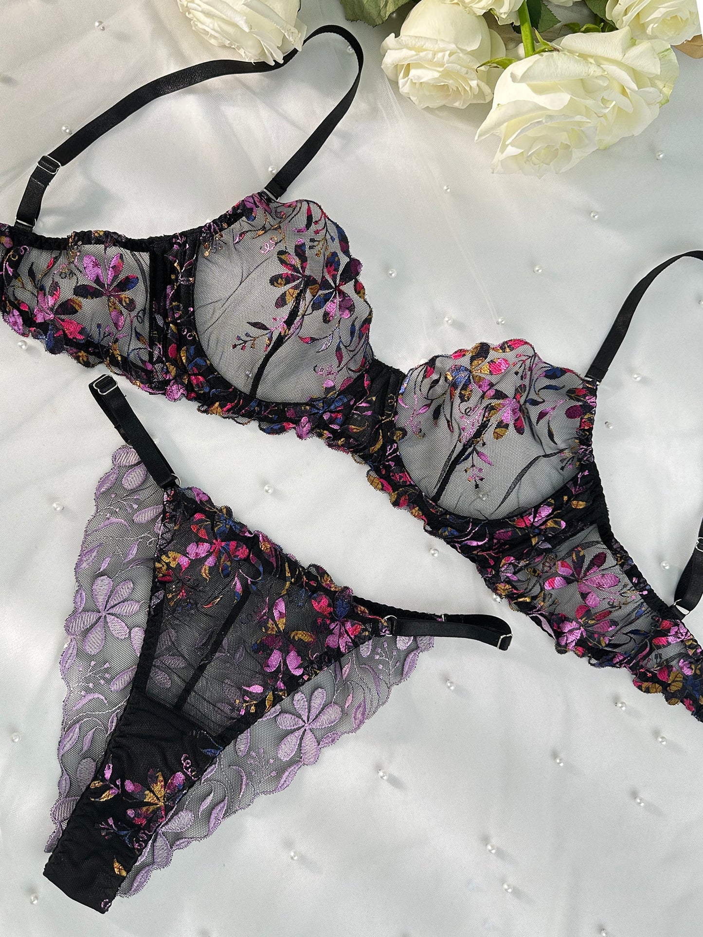 Midnight Blossom Lace Embroidered Lingerie Set - Concordia Style Boutique