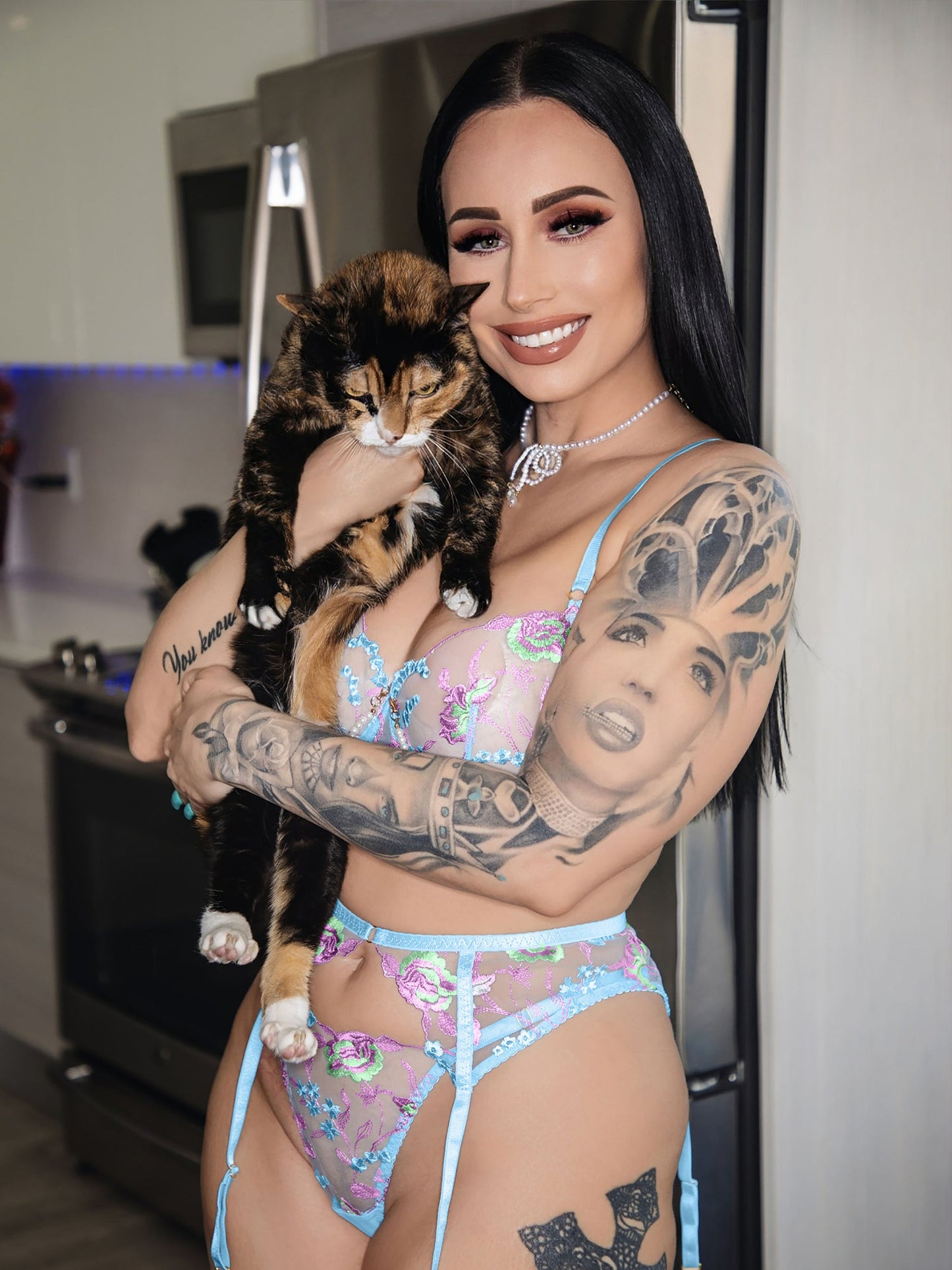 Blue Floral Embroidery Pearl Chain Lingerie Set - Concordia Style Boutique