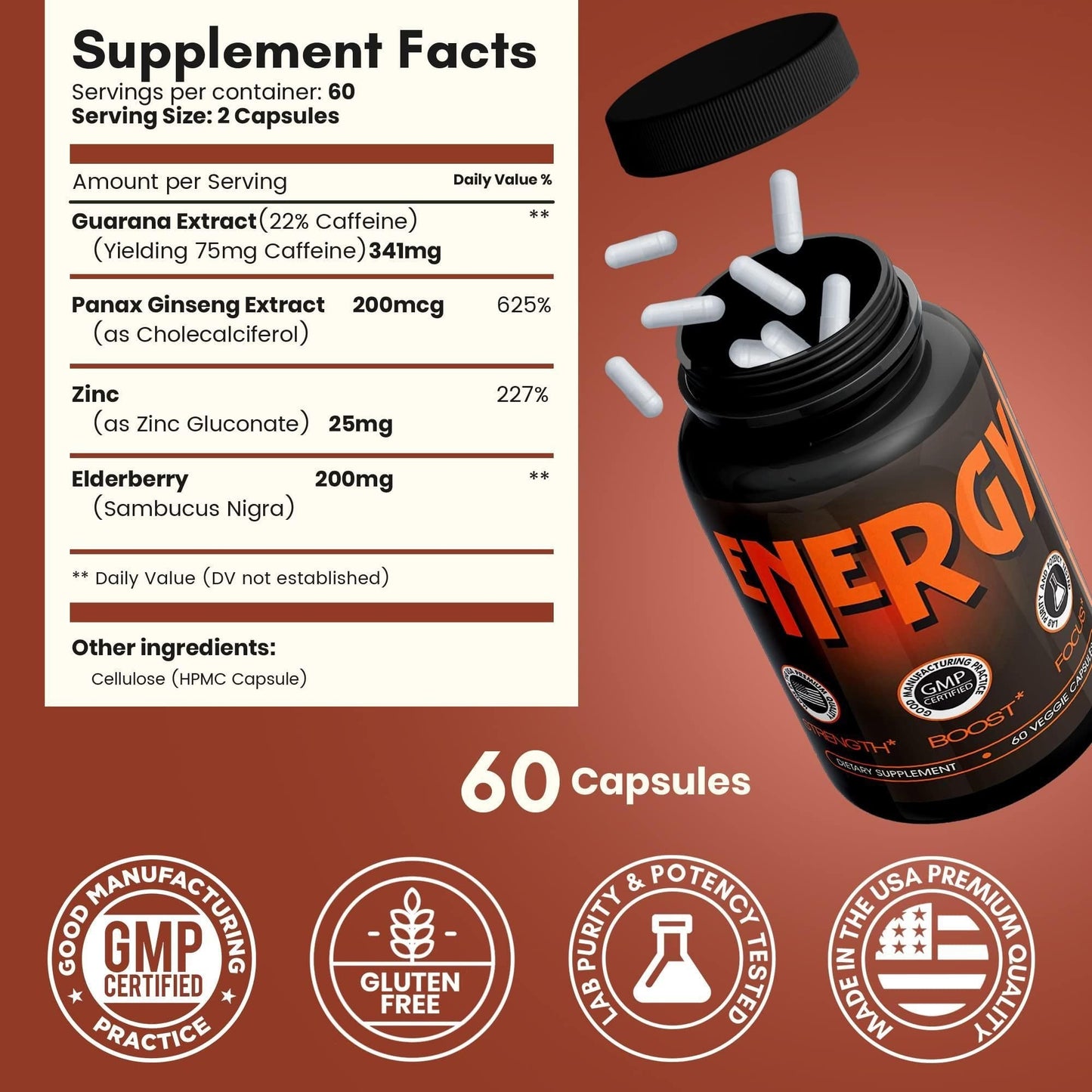 All Natural Energy Supplements with Elderberry Caffeine Pills 60 Capsules - Concordia Style Boutique