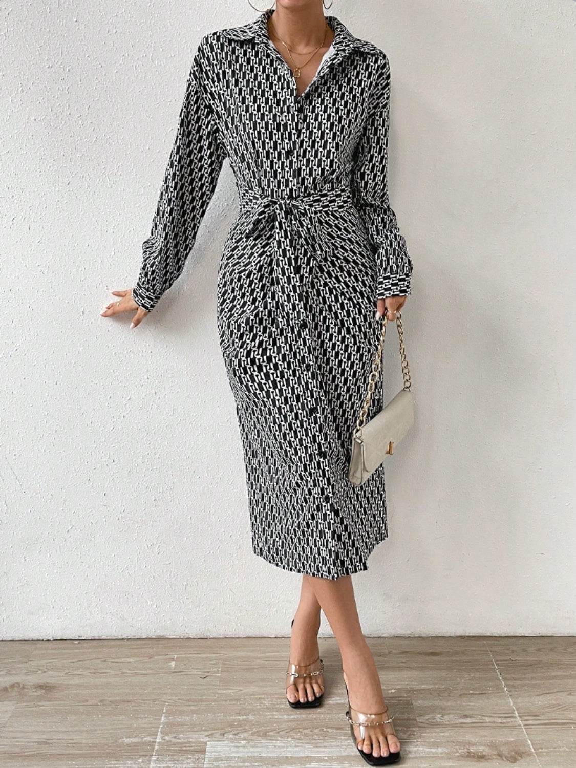 Printed Tie Waist Long Sleeve Midi Shirt Dress - Concordia Style Boutique