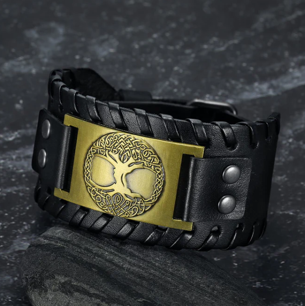 Asgard Crafted Leather Buckle Arm Cuff With Metal Celtic Tree Of Life Design - Concordia Style Boutique