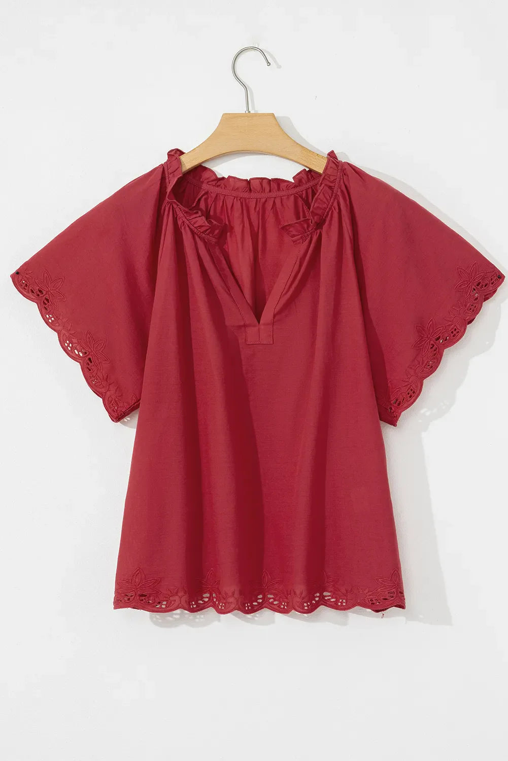 Floral Embroidered Scallop Trim Short Sleeve Notched Blouse - Concordia Style Boutique