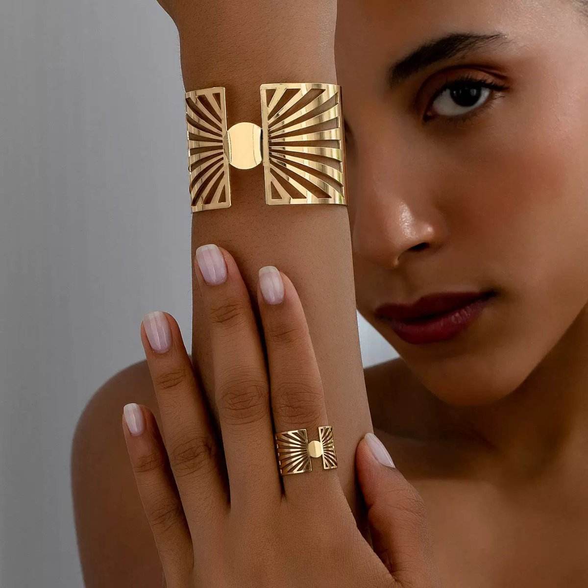 14K Gold Plated Golden Radiance Adjustable Geometric Ring And Cuff Set - Concordia Style Boutique