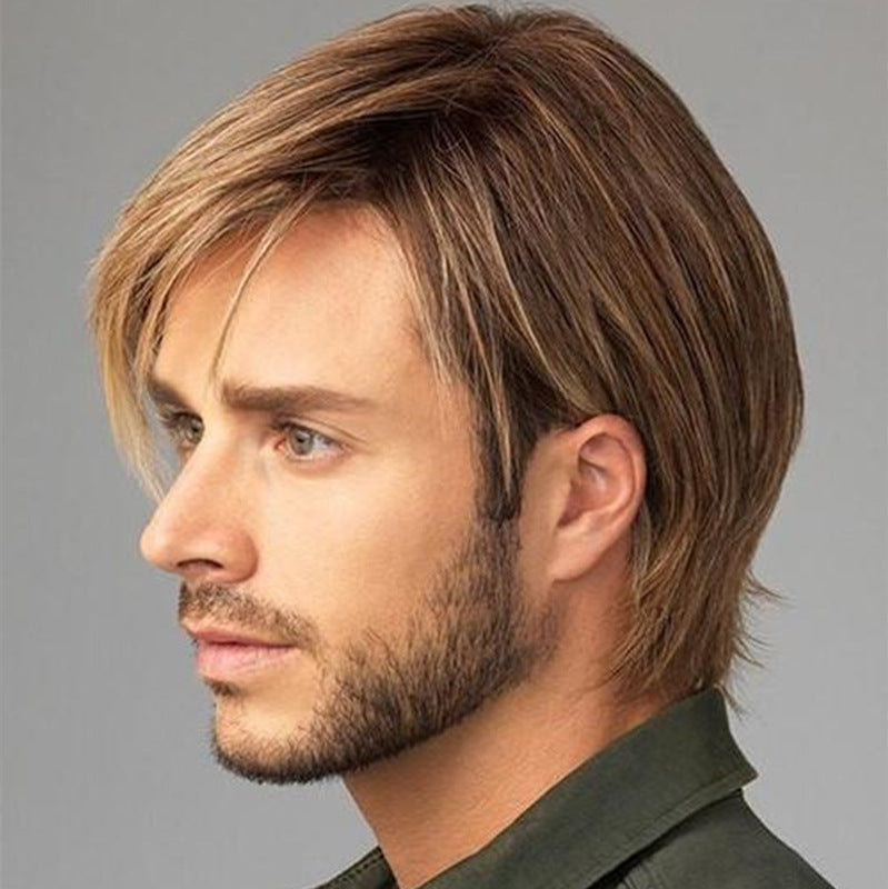 Men's Short Straight Hair Golden Brown Side Bangs Wig - Concordia Style Boutique