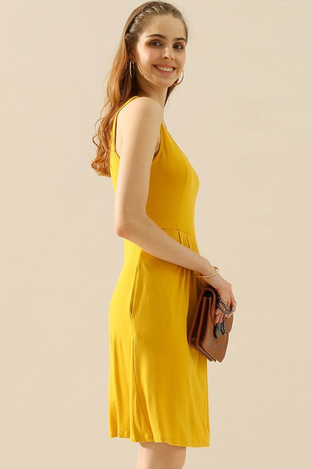 Doublju Full Size Round Neck Ruched Sleeveless Dress with Pockets - Concordia Style Boutique