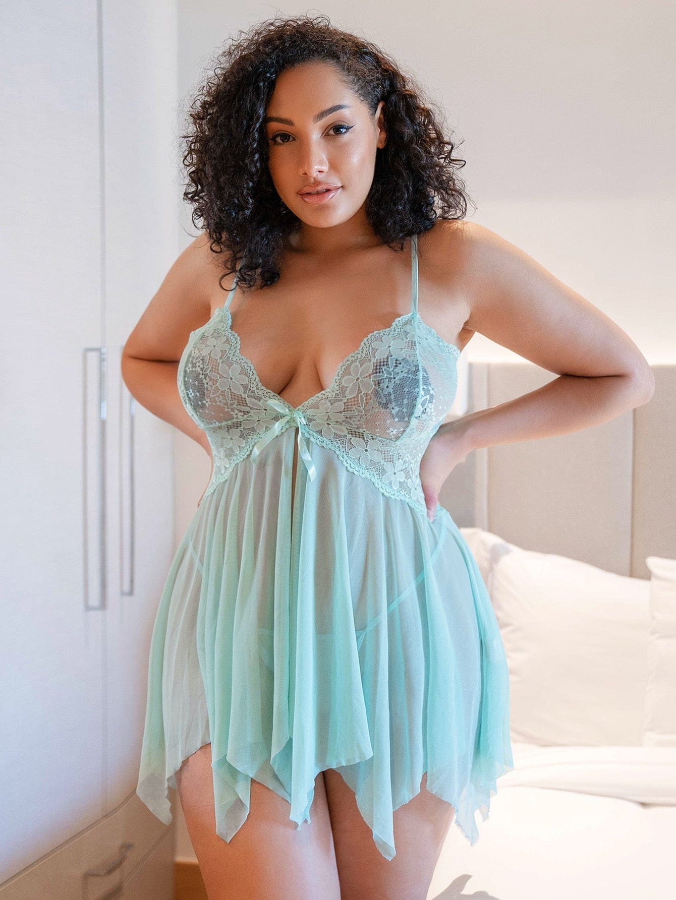 Elegant Lace Mesh Asymmetrical Slip Set with Thong for Plus Size Women - Concordia Style Boutique