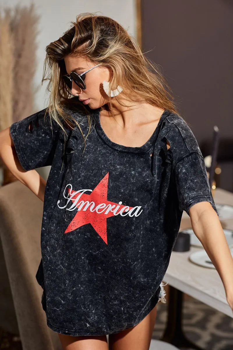 BiBi Laser Cut Mineral Washed Jersey Top with America in Black