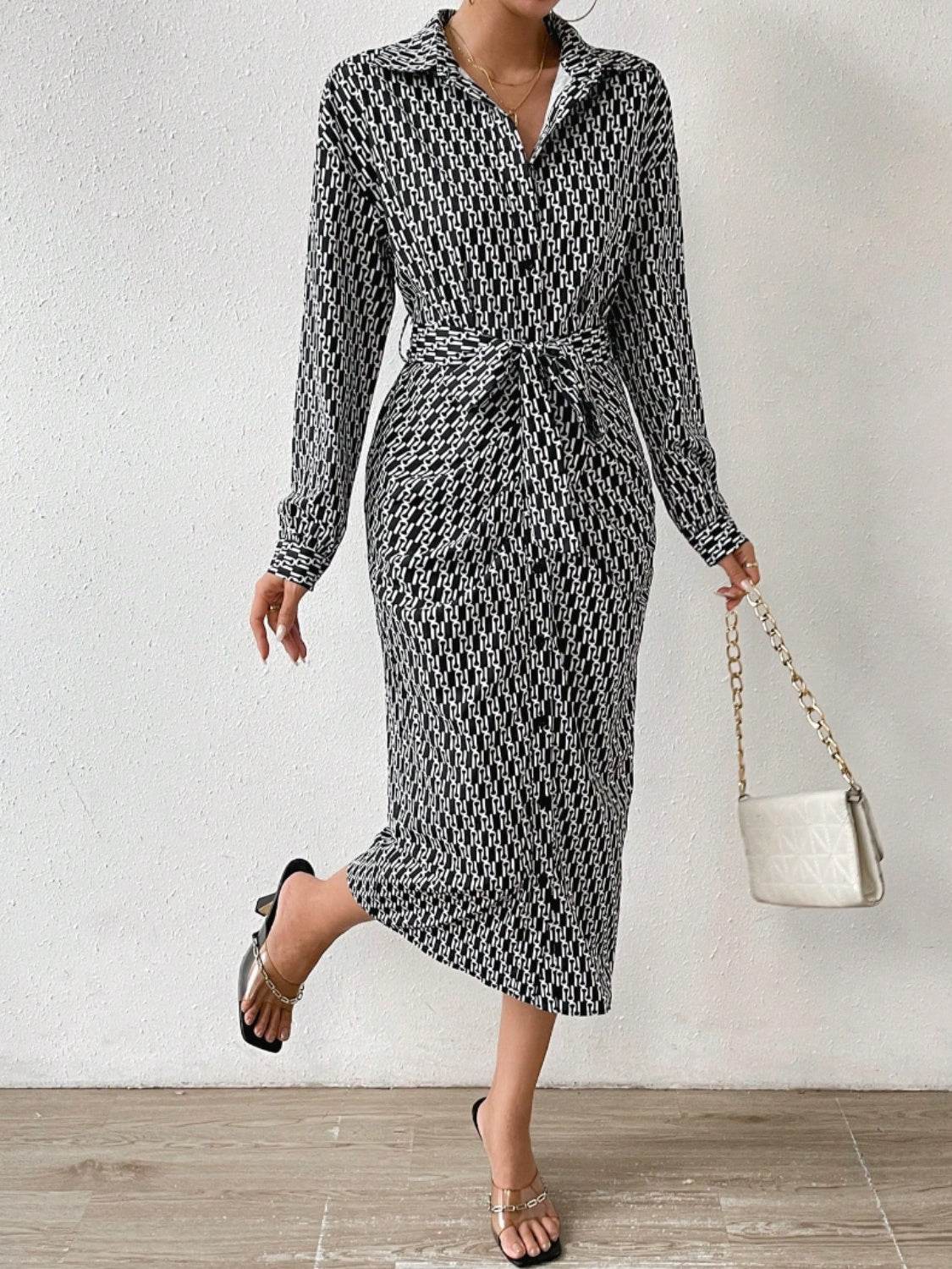 Printed Tie Waist Long Sleeve Midi Shirt Dress - Concordia Style Boutique