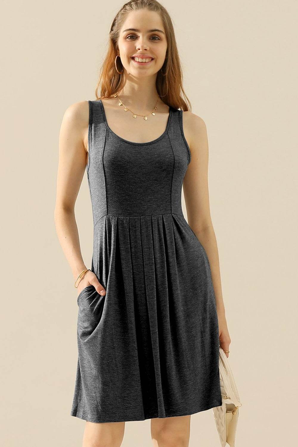 Doublju Full Size Round Neck Ruched Sleeveless Dress with Pockets - Concordia Style Boutique