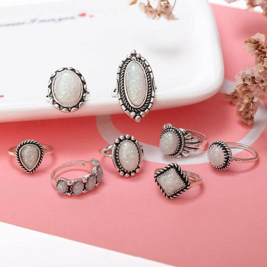 Opal Alloy Geometric Ring 8-Piece Set - Concordia Style Boutique