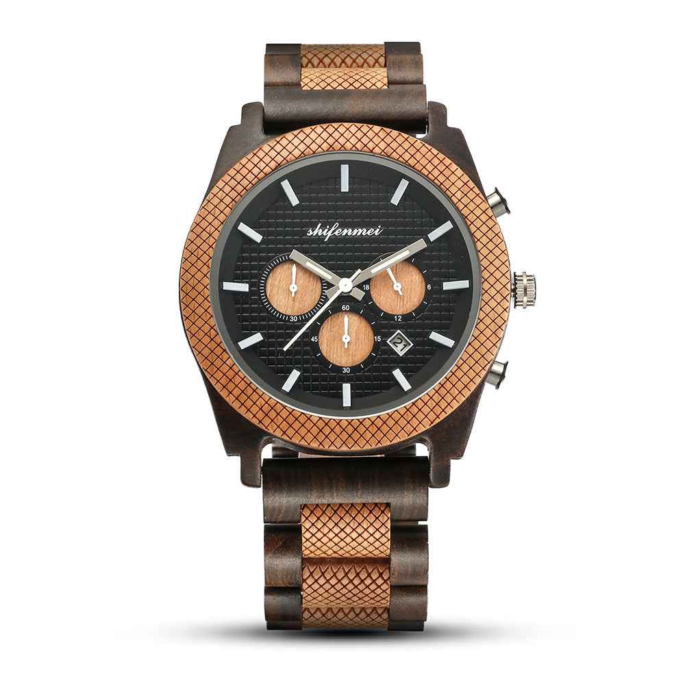 Men's Wood Chronograph Watch - Six Hand Calendar Sports Casual Timepiece