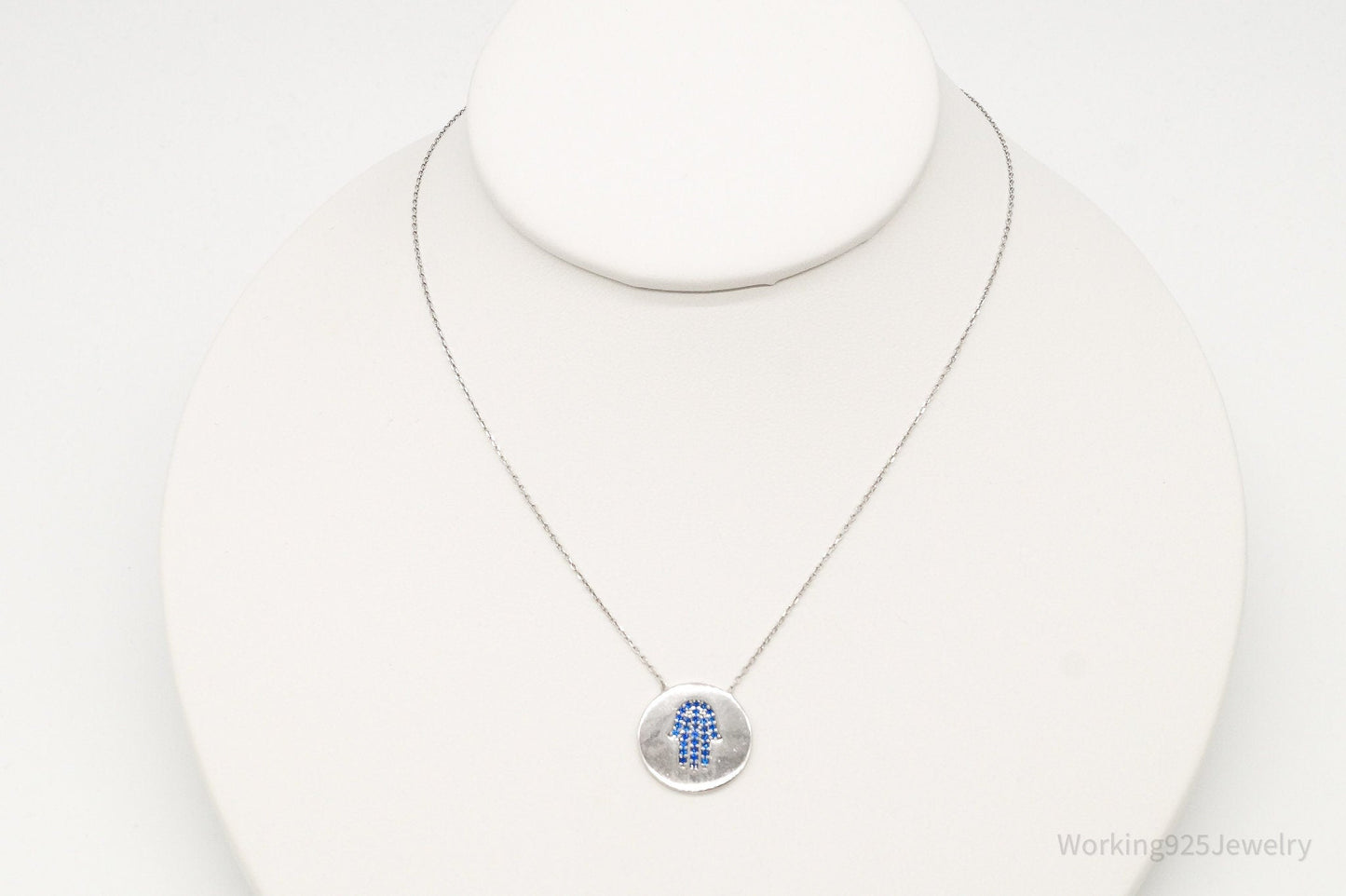 Vintage Blue Cubic Zirconia Hamsa Hand Sterling Silver Necklace