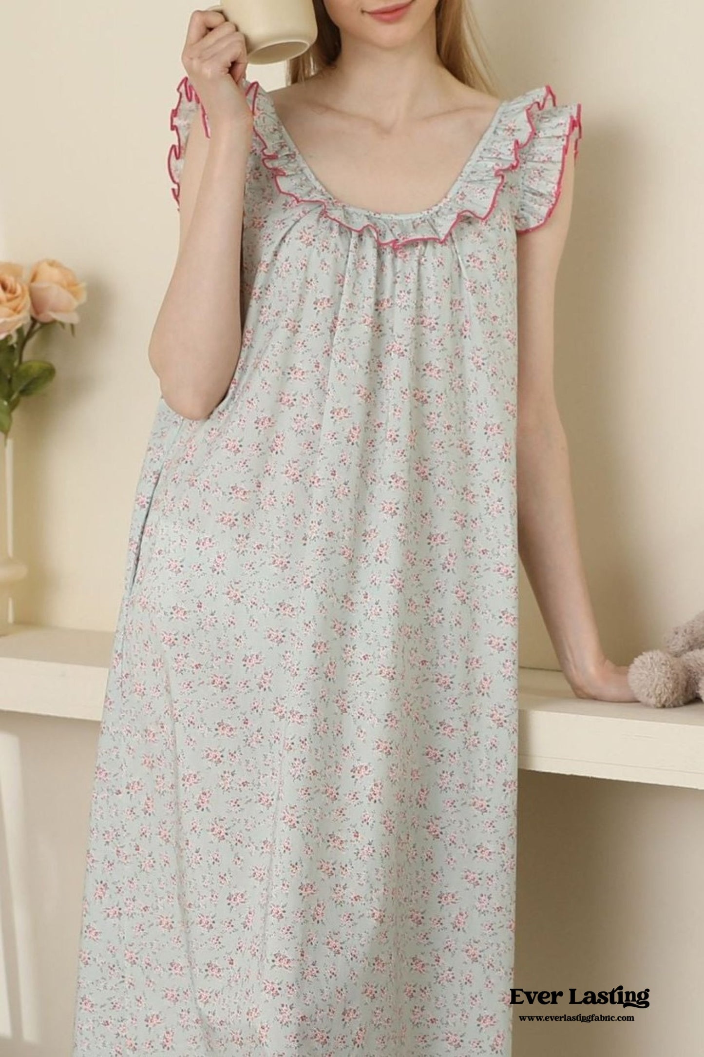Floral Ruffle Lounge Pajamas Nightgown Dress / Beige