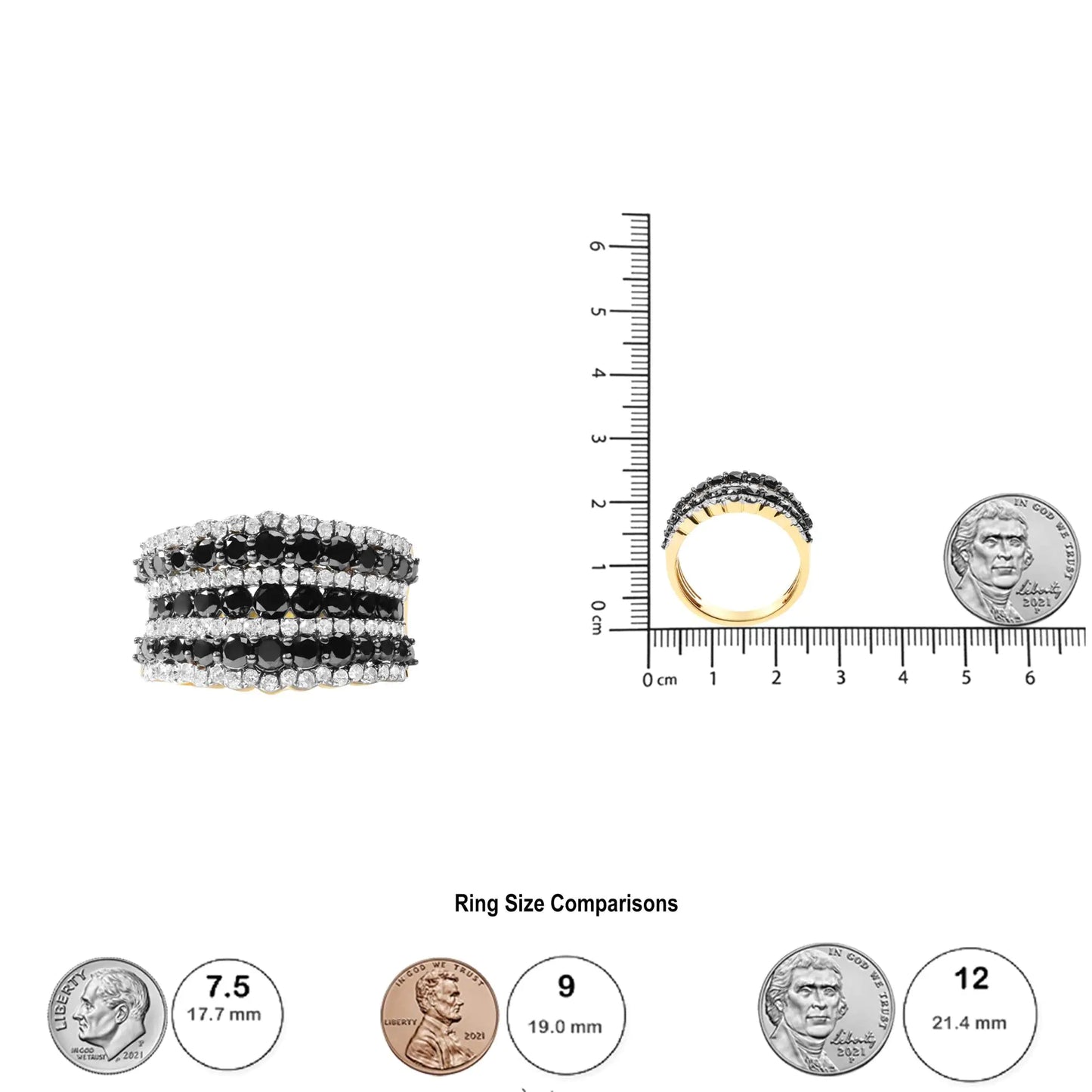*2 Left* 14K Yellow Gold Plated .925 Sterling Silver 1 3/4 Cttw Treated Black and White Alternating Diamond Multi Row Band Ring (Black / I-J Color, I2-I3 Clarity) - Concordia Style Boutique
