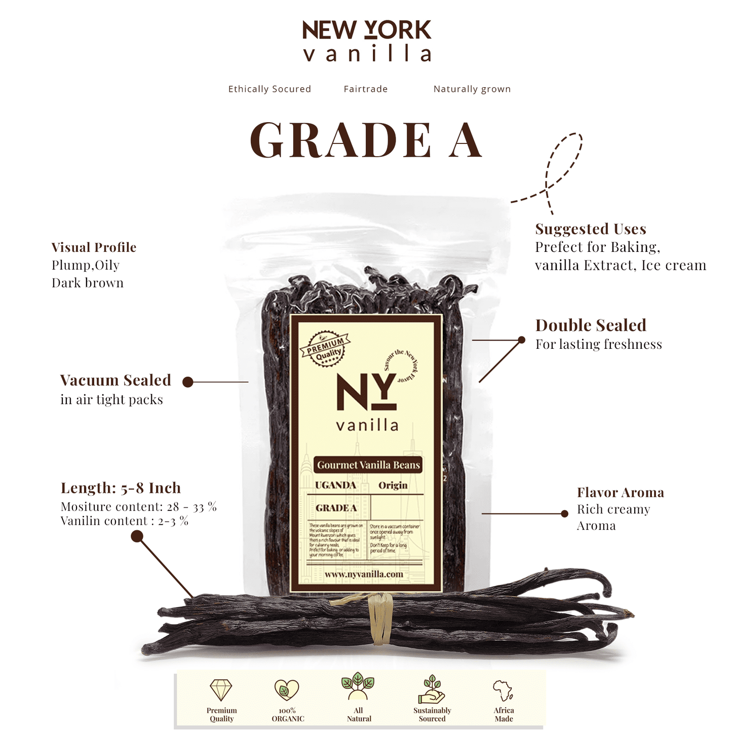 Whole Bulk Vanilla Beans - Order - NON GMO Gourmet Vanilla Pods 6 - 8 Inches For making Baking Whole Premium Vanilla Beans Grade A by New York Vanilla