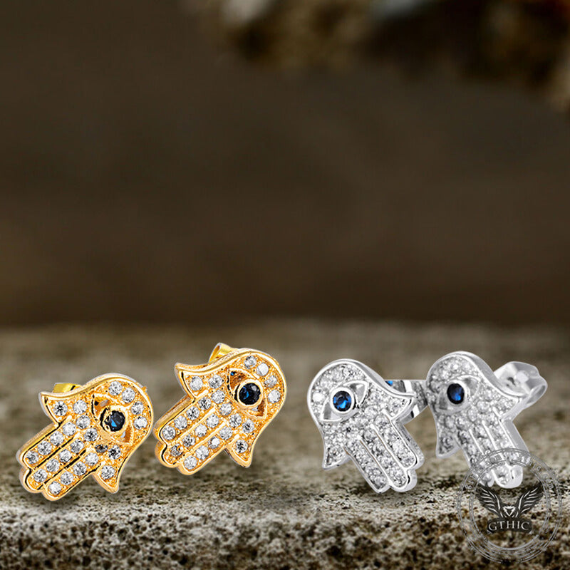Hamsa Hand Brass Zircon Stud Earrings