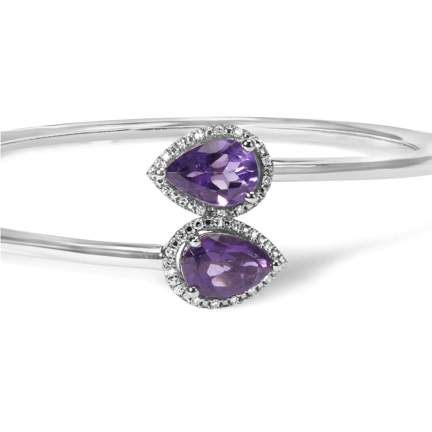 .925 Sterling Silver 8 x 5.5mm Pear Shape Amethyst and Diamond Accent Halo Bypass Bangle Bracelet (H-I Color, SI1-SI2 Clarity) - Fits up to 7" Inches
