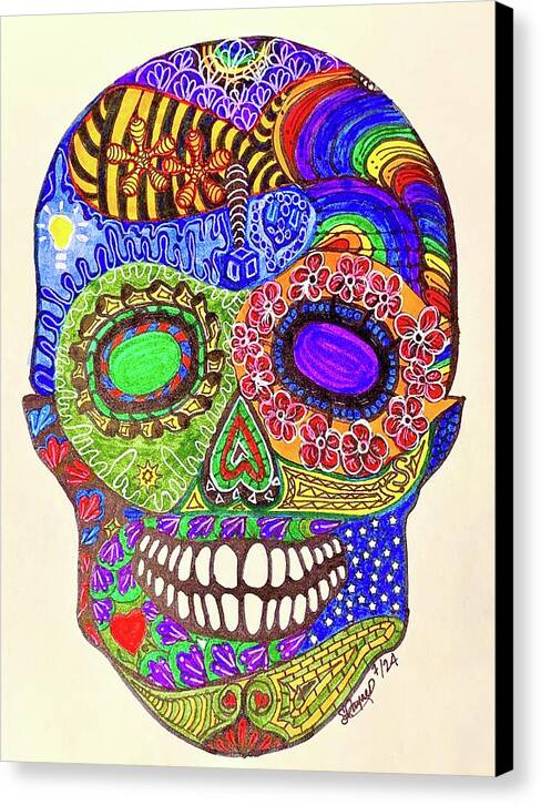 Hippy Sugar Skull Drawing/ Doodle - Canvas Print