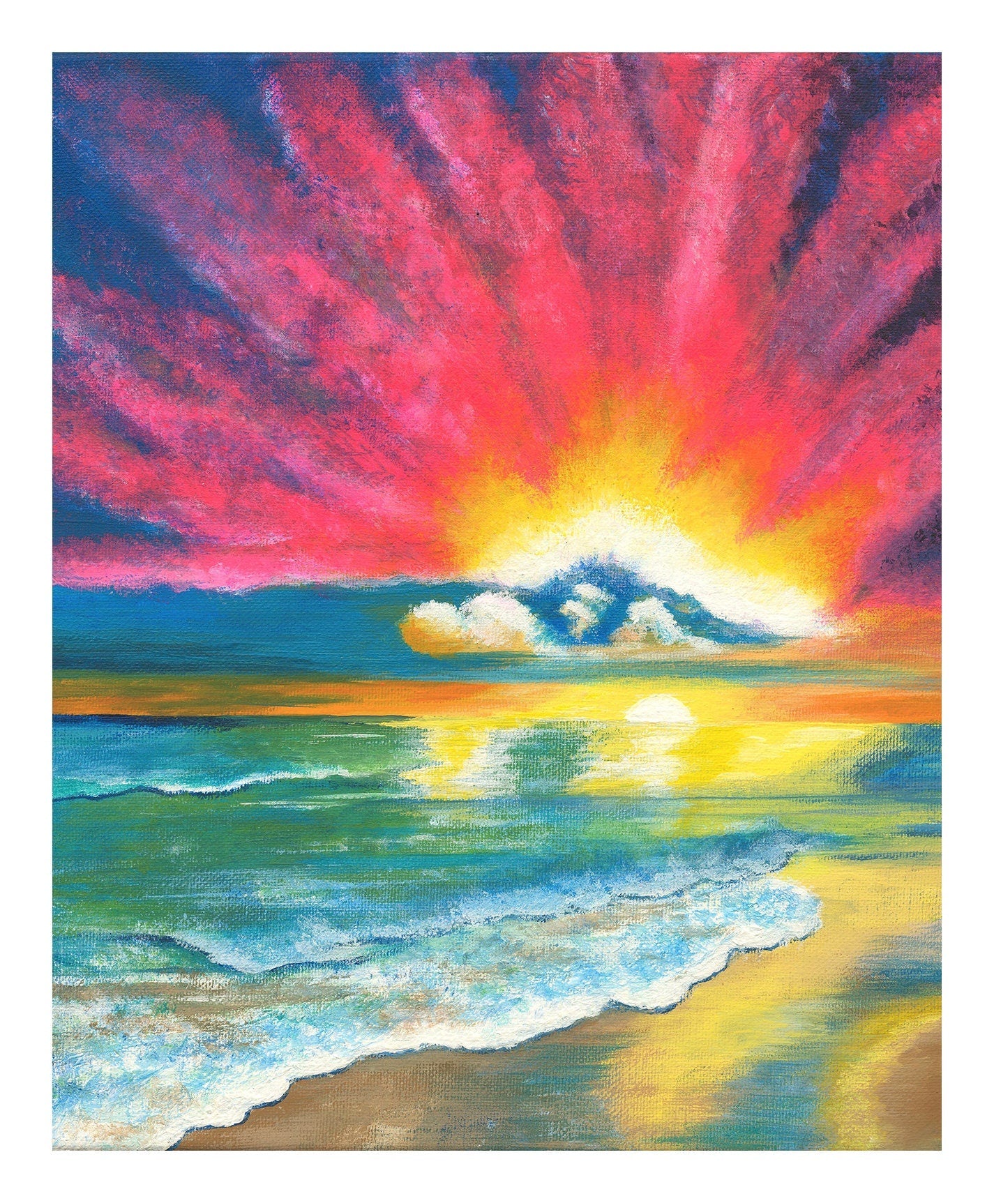 Matted Print of Waves on Beach and Pink Cloud Sunset