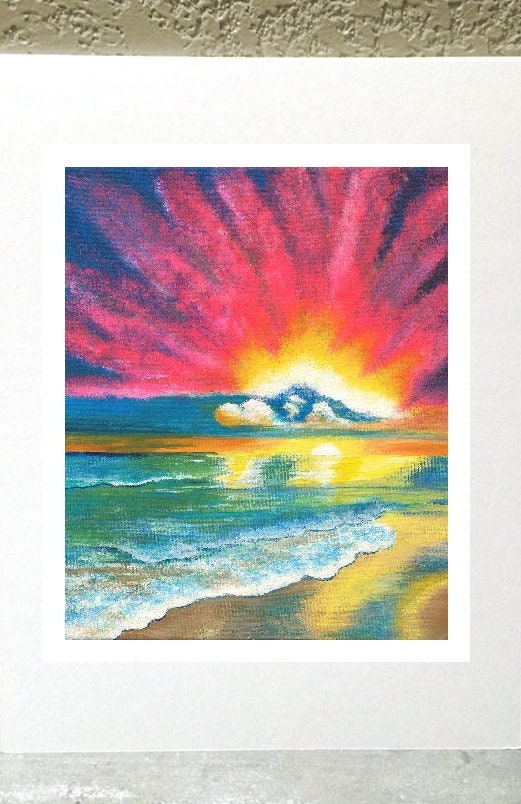 Matted Print of Waves on Beach and Pink Cloud Sunset