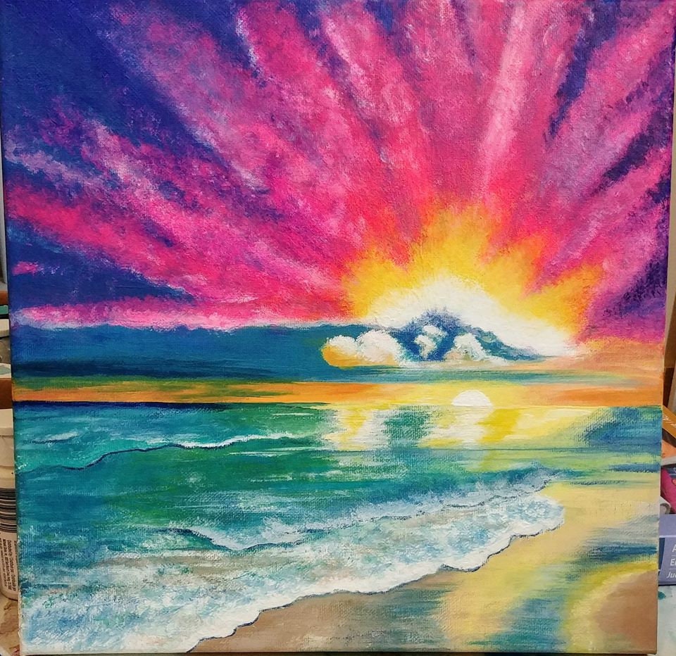 Matted Print of Waves on Beach and Pink Cloud Sunset