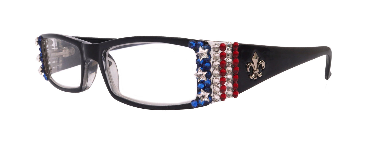 Freedom Shine, (Bling) (Fleur De Lis) Women Reading Glasses W Genuine European Crystals (Black) NY Fifth Avenue