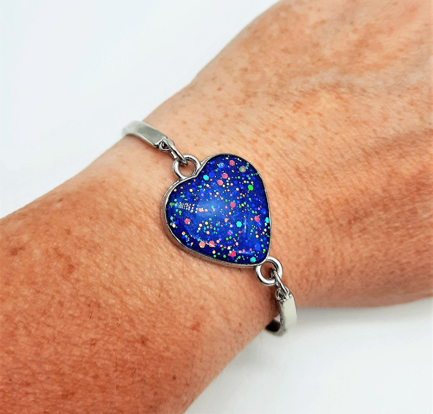 Iridescent Blue Heart Adjustable Bangle Bracelet