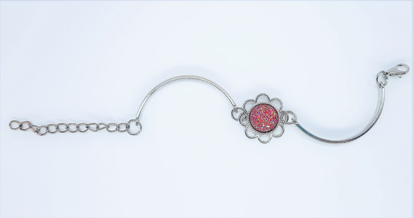 Flower Power Iridescent Pink Druzy Adjustable Bangle Bracelet