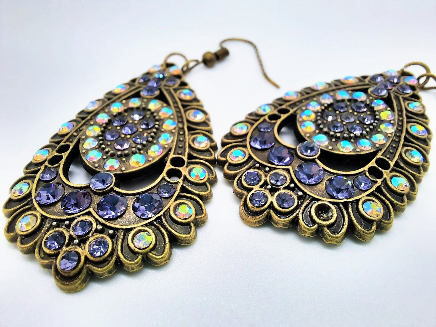 Antiqued Bronze Aurora Borealis & Purple Earrings