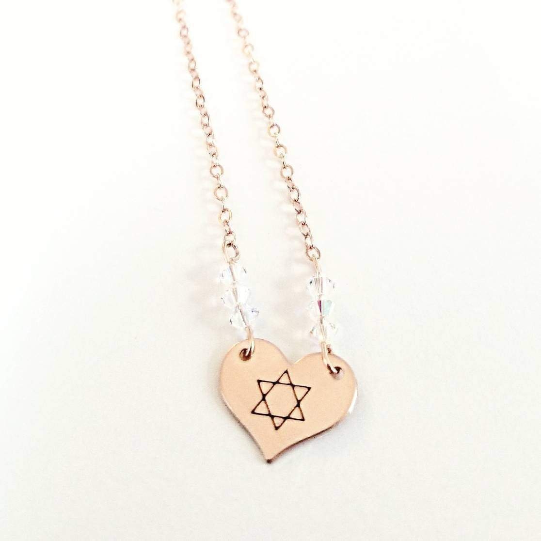 Dainty Star of David Gold Heart Necklace with Austrian Crystals