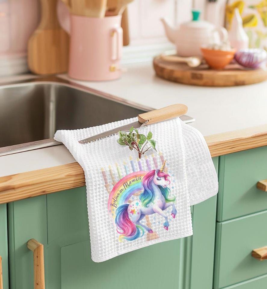 Believe in Miracles Unicorn Waffle Dish Towel for Chanukah