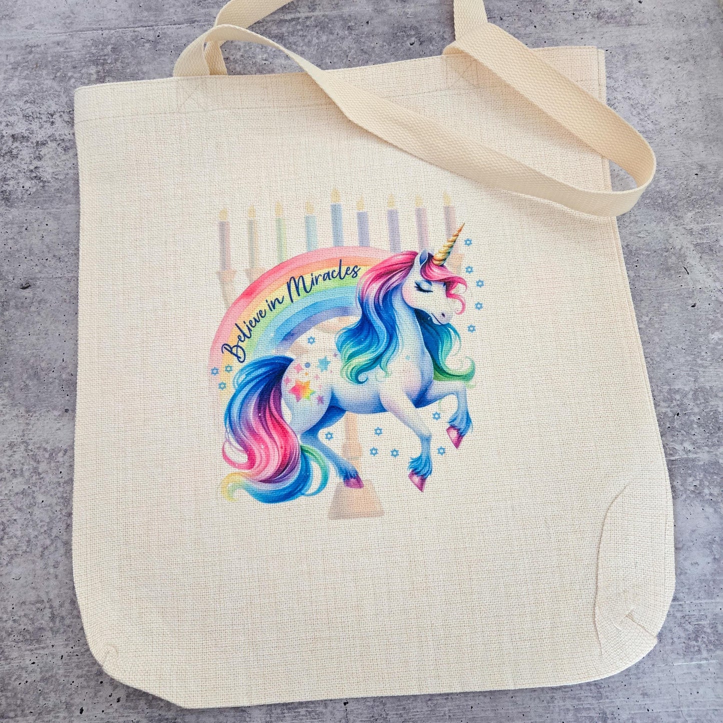 Believe in Miracles Unicorn Menorah Tote Bag