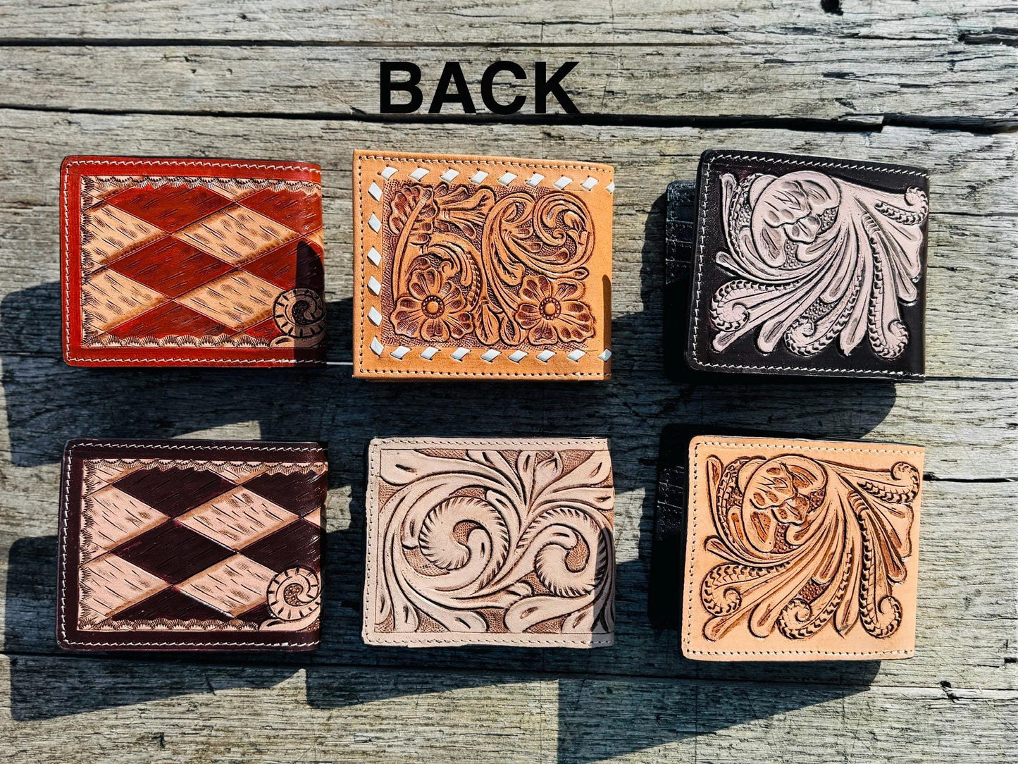 Men’s Western bi-fold wallet tooled floral Cow Skull Aces Cards details by Double B Wild Rags